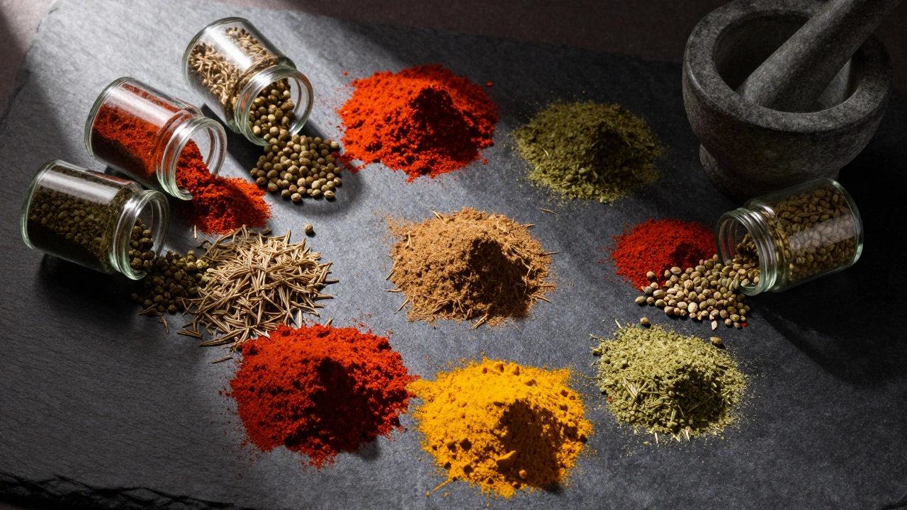 Colorful piles of red, yellow, and brown Indian spices on slate