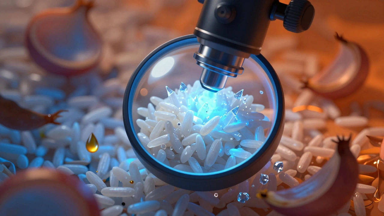 Conceptual art showing salt crystals on rice grain symbolizing sodium overload