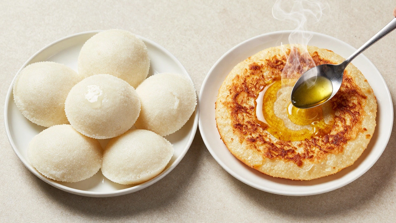 Crispy dosa with ghee next to steamed idlis