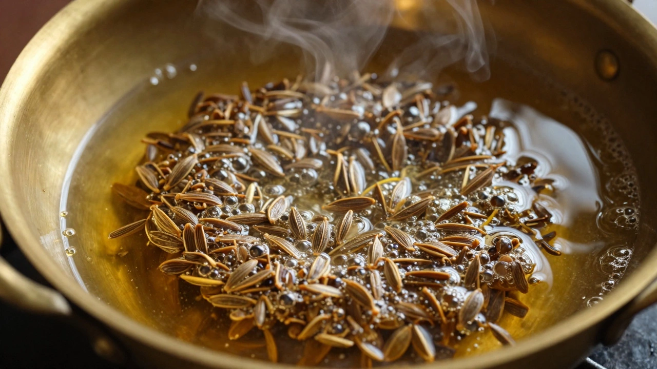 Cumin seeds sizzling in hot oil in a brass Indian wok