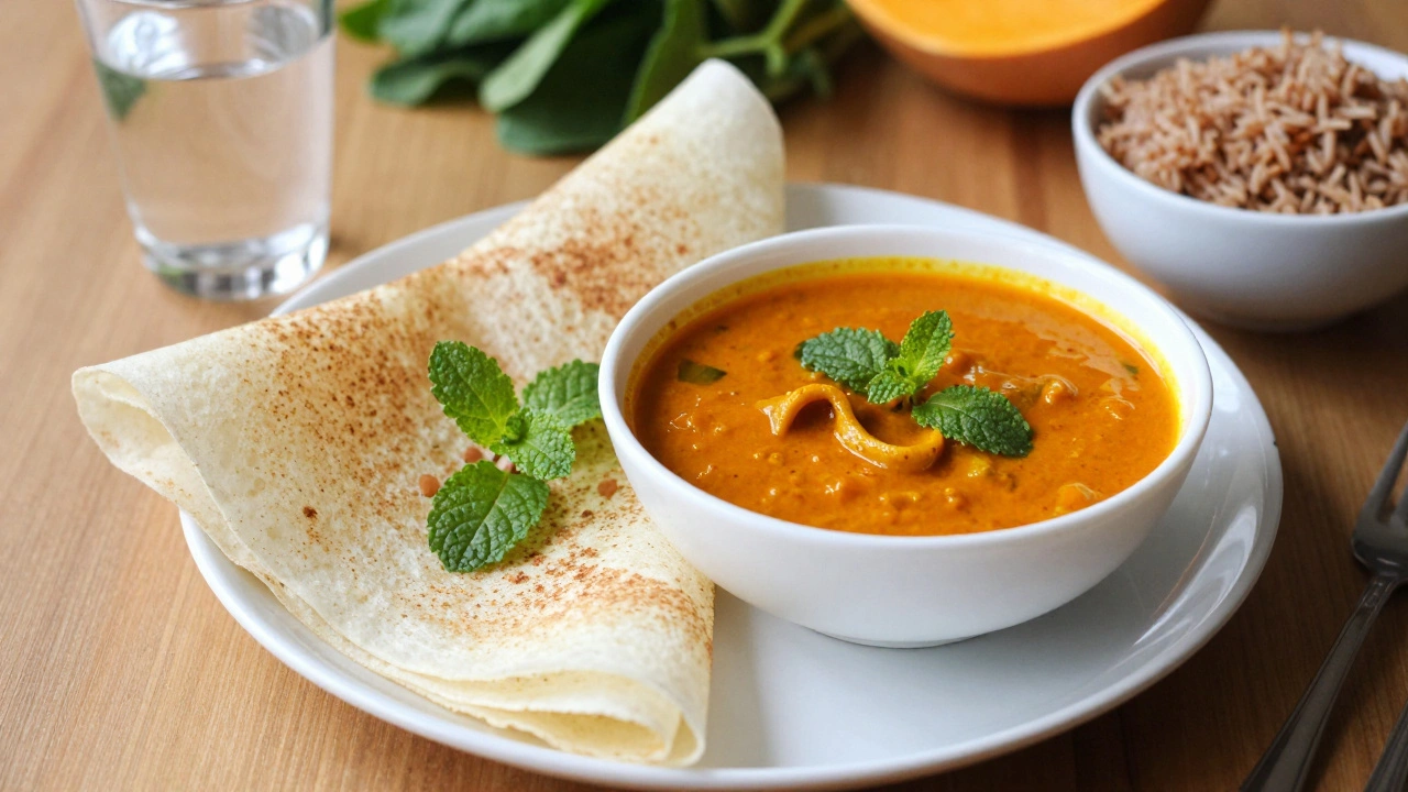 Dosa served with sambar and chutney for digestion