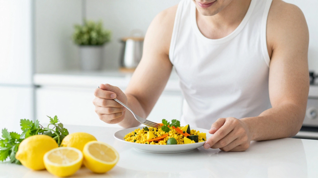 Fit person eating a healthy meal of dal and vegetables at a kitchen counter