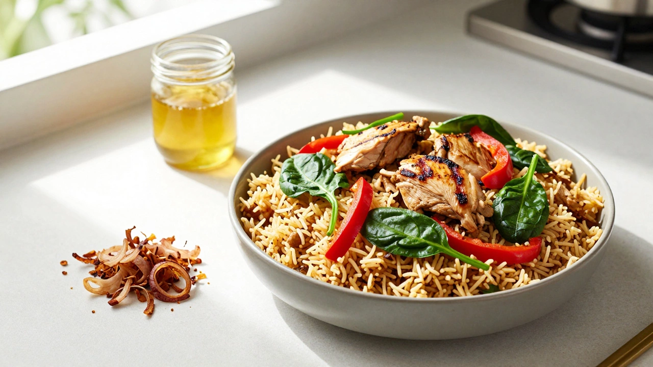 Healthy biryani ingredients like brown rice, veggies, and lean chicken