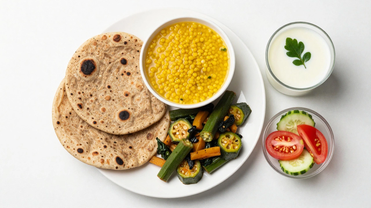 Healthy Indian meal with dal, rotis, vegetables, and buttermilk