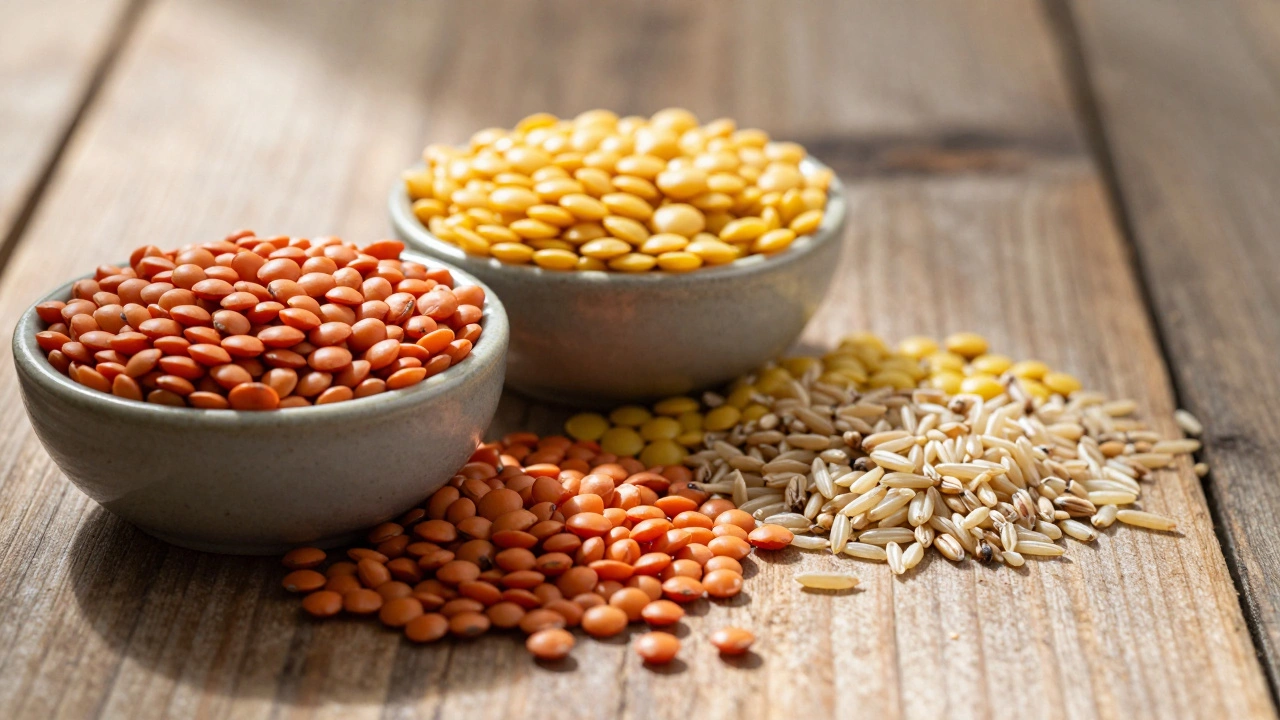 Raw red and yellow lentils mixed with rice and wheat grains on wood