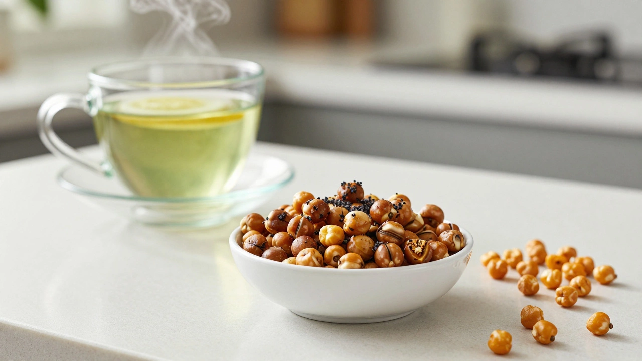 Roasted makhana and chana snacks with green tea on a counter