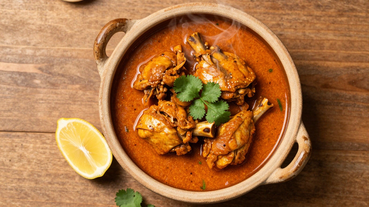 Steaming bowl of rich chicken curry with fresh garnish