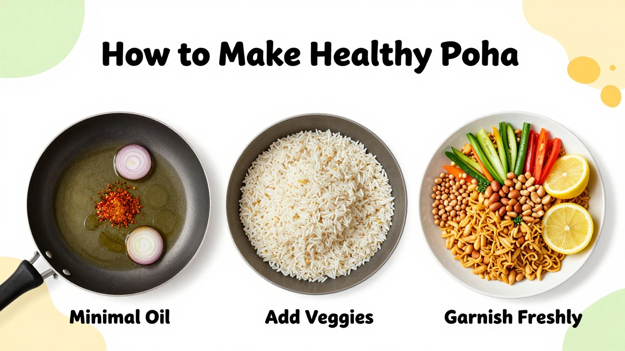A three-panel visual guide demonstrating how to prepare healthy Poha, showing the process of sautéing spices, mixing in the rice, and adding fresh vegetable garnishes, with bright, appetizing food photography.
