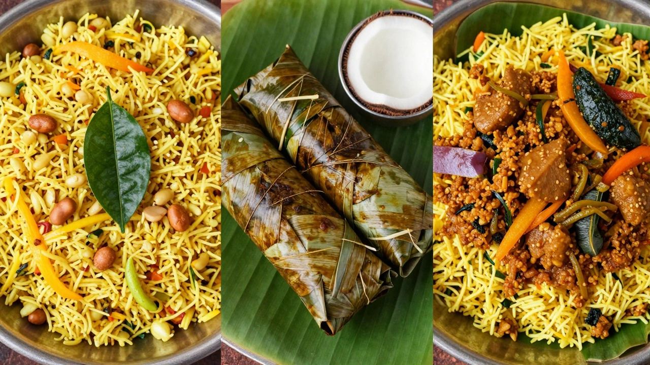 A triptych image showcasing regional variations of Poha: Maharashtrian style with peanuts, Bengali style wrapped in banana leaf, and South Indian style with vegetables, highlighting the cultural diversity of this Indian breakfast staple.