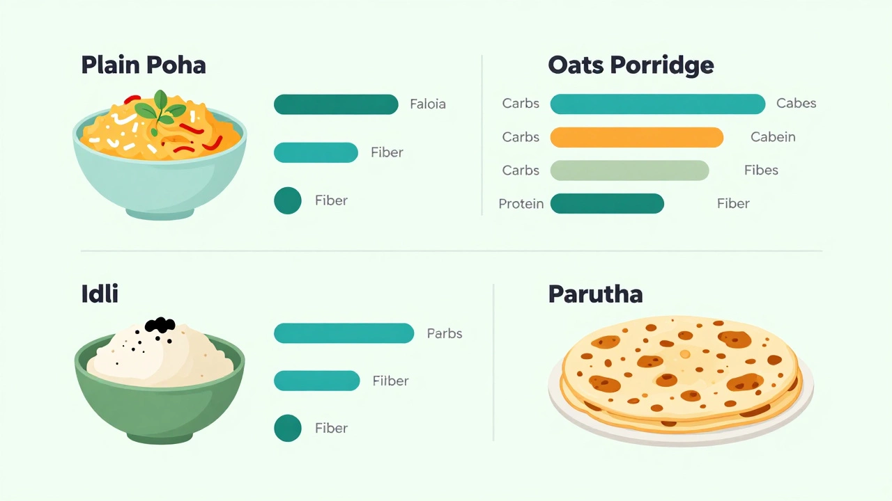 An educational infographic comparing the nutritional values of Plain Poha, Oats, Idli, and Paratha, using simple charts and icons to display calories, carbohydrates, protein, and fiber content in a clean, professional design.
