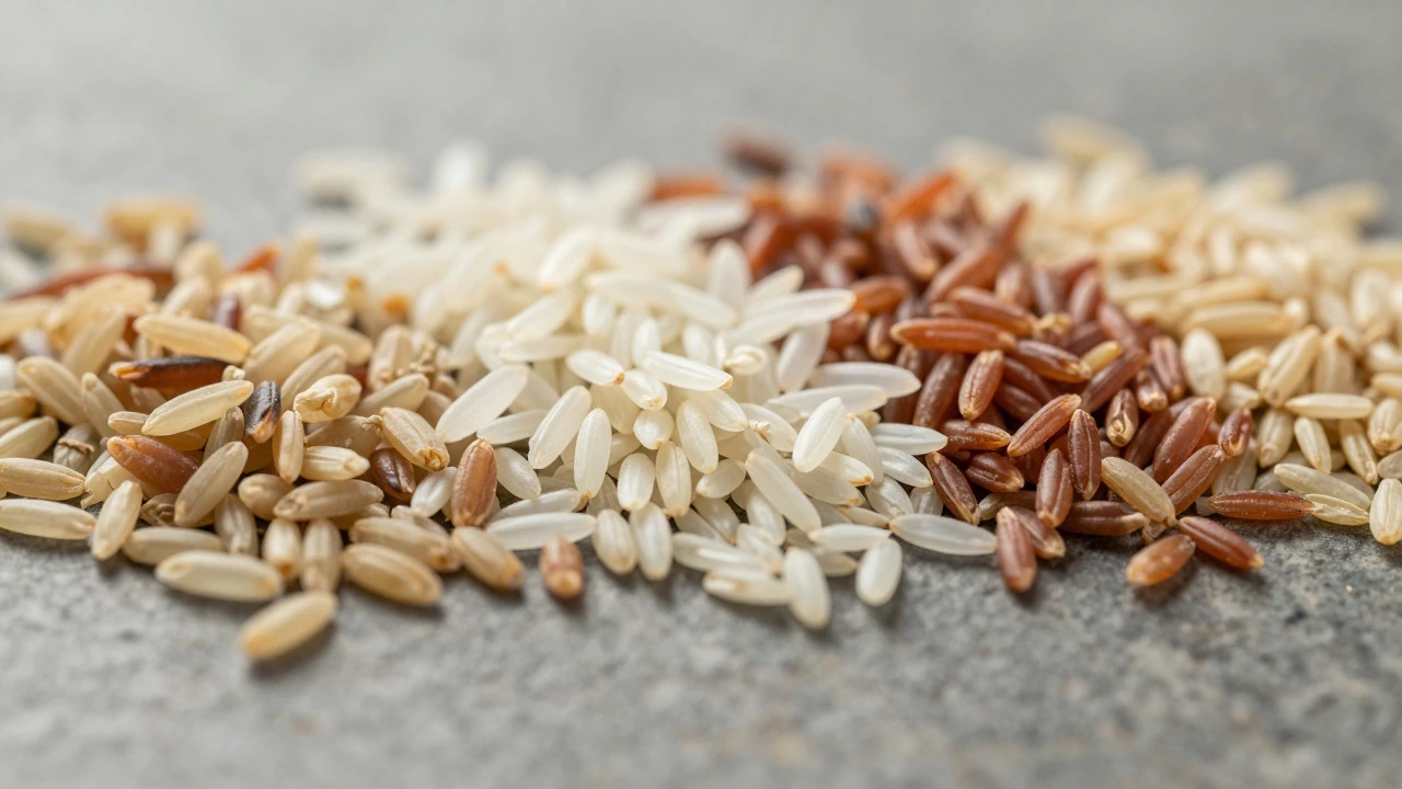 Assortment of different raw Indian rice varieties displayed on a stone surface