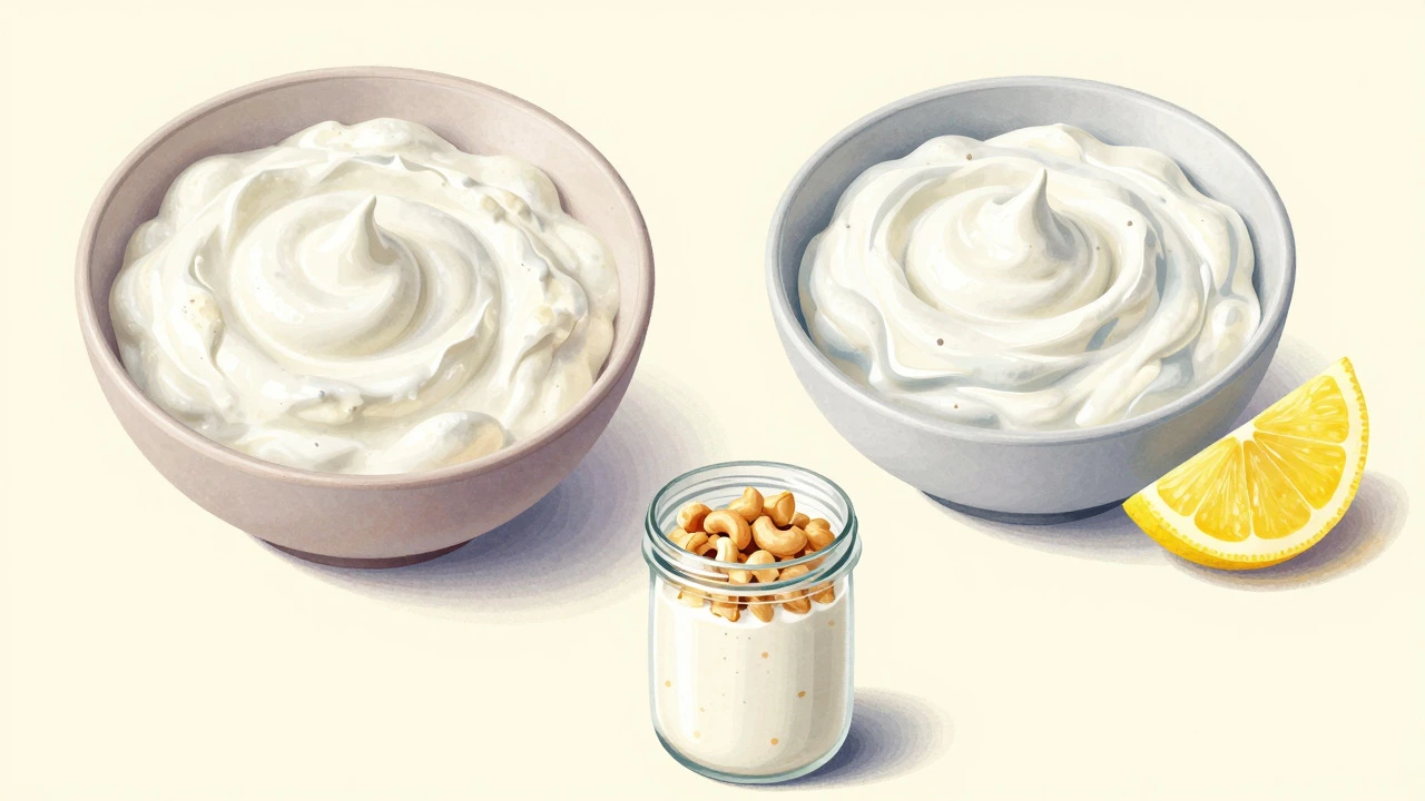 Bbowls of Greek yogurt, sour cream, and cashew paste as yogurt substitutes