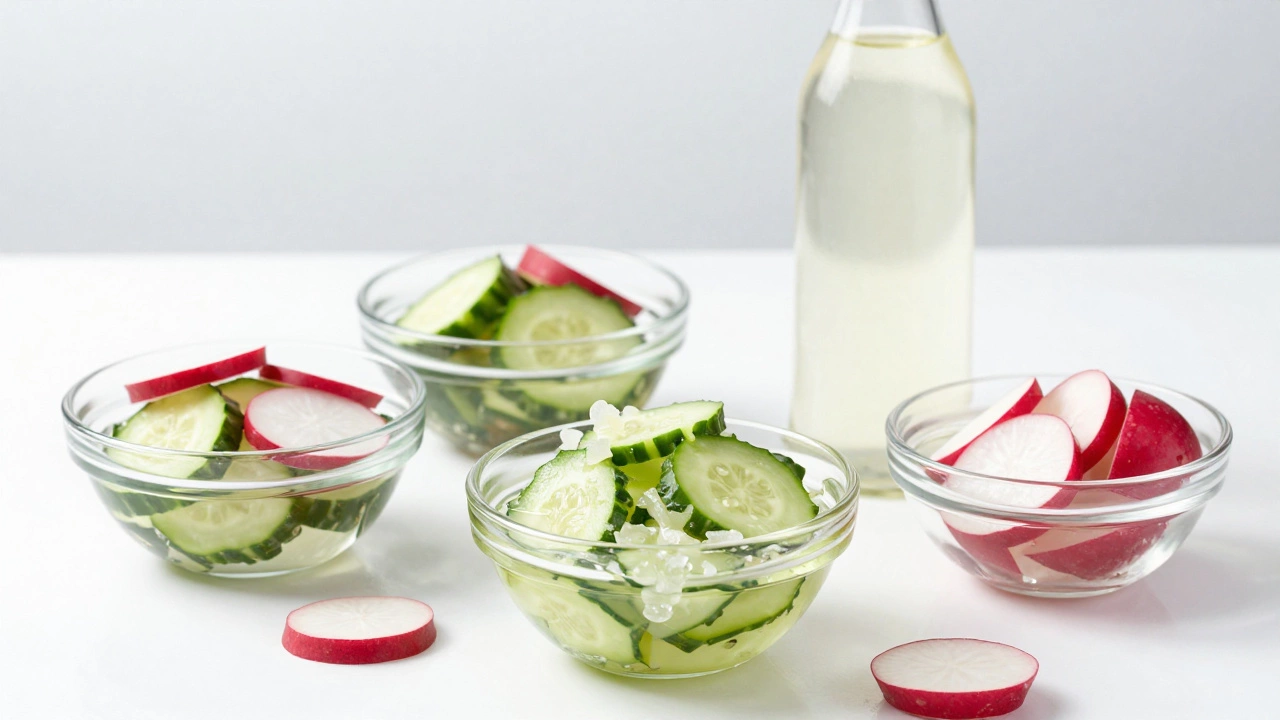 Clear white vinegar bottle beside bowls of pickled cucumber relish
