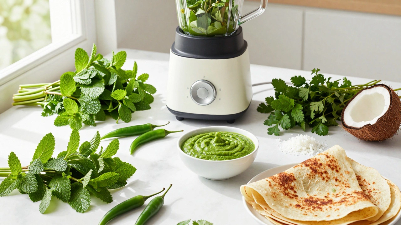 Fresh herbs and green chutney with dosas