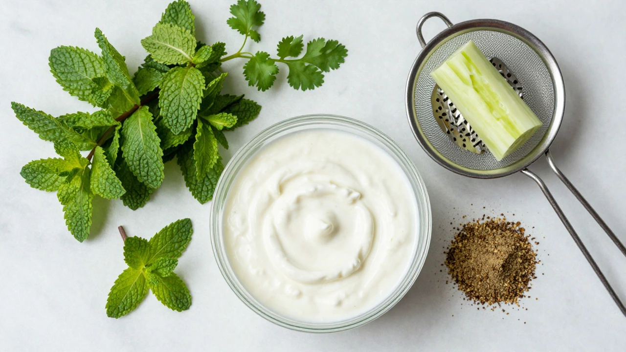 Fresh ingredients for raita: yogurt, cucumber, cumin, and herbs
