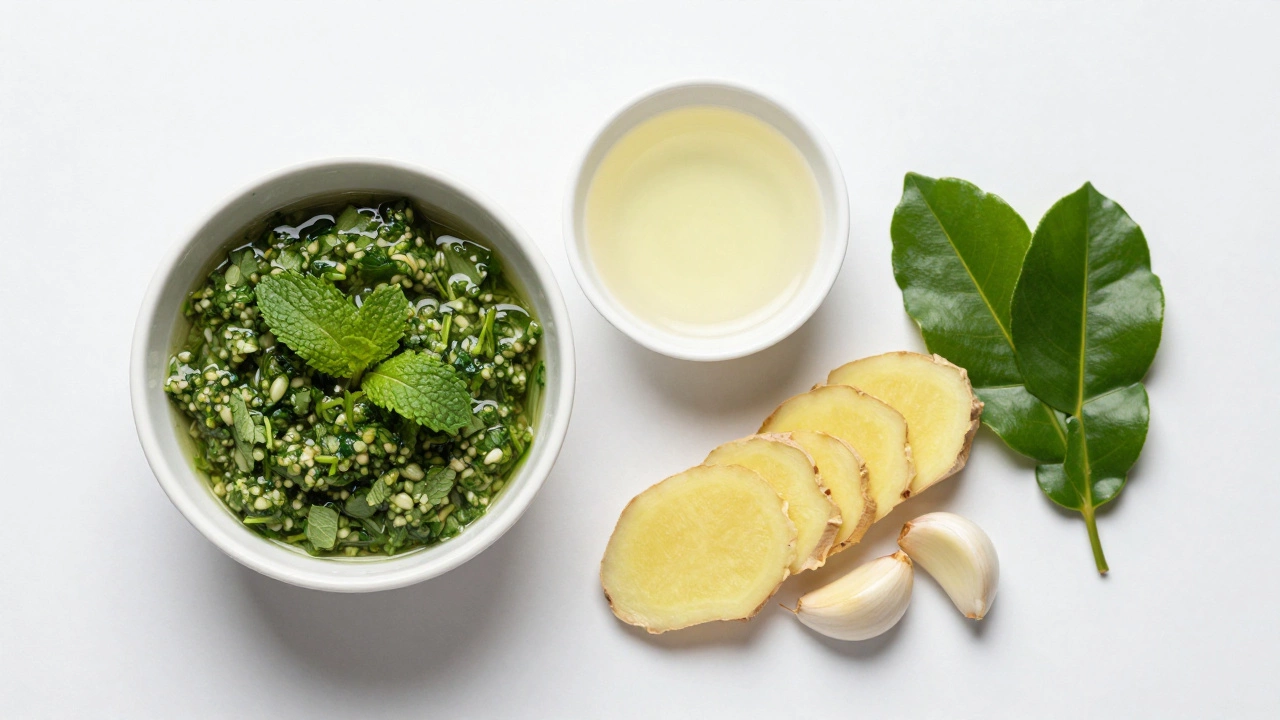 Green herb chutney with rice vinegar, ginger, and lime leaves