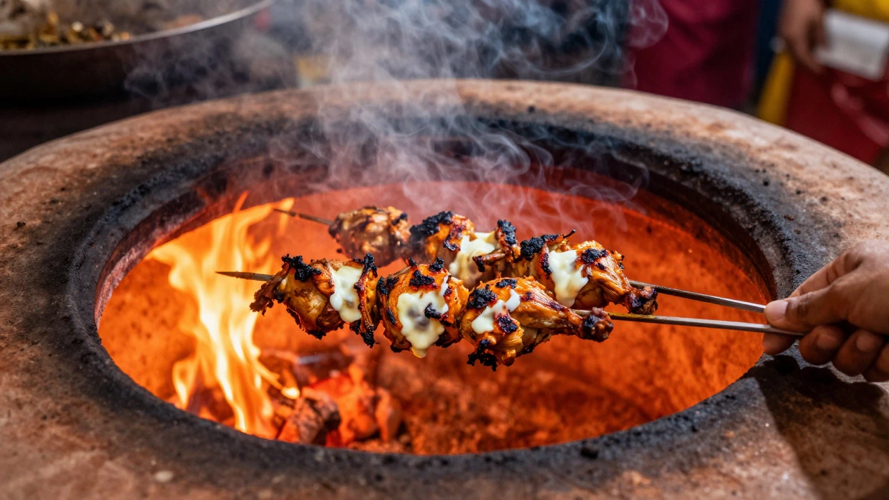Marinated chicken skewers cooking over hot coals in a clay tandoor oven