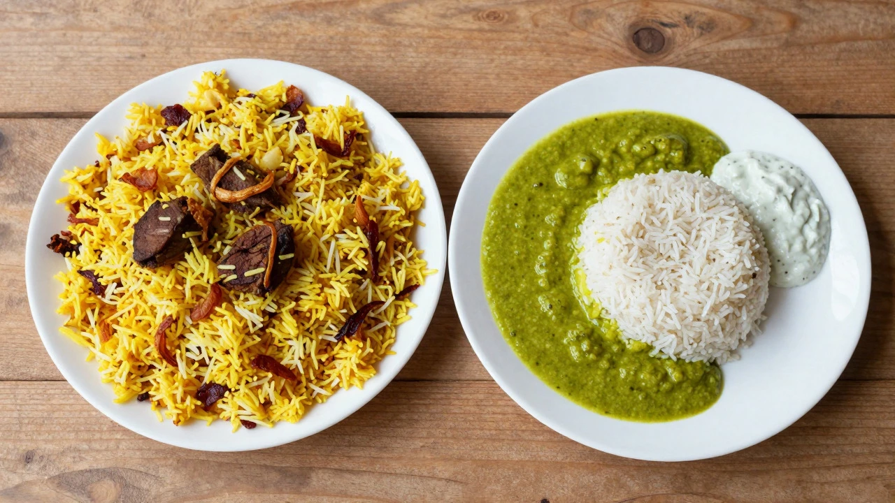 Side-by-side comparison of North Indian biryani and South Indian rice with sambar