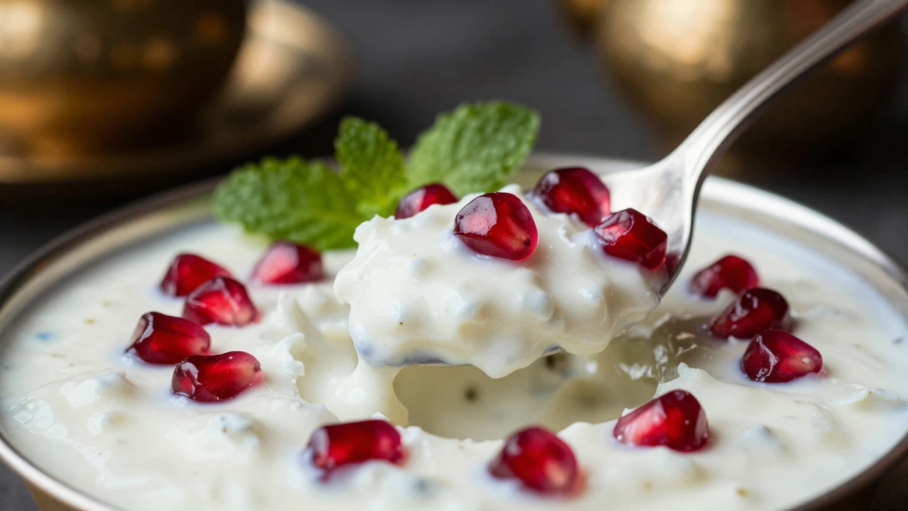 Spoonful of raita with pomegranate seeds and mint leaves
