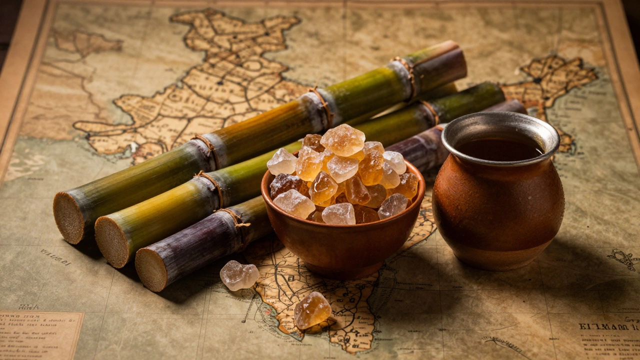 Sugarcane, rock sugar Mishri, and syrup on a map representing sugar history