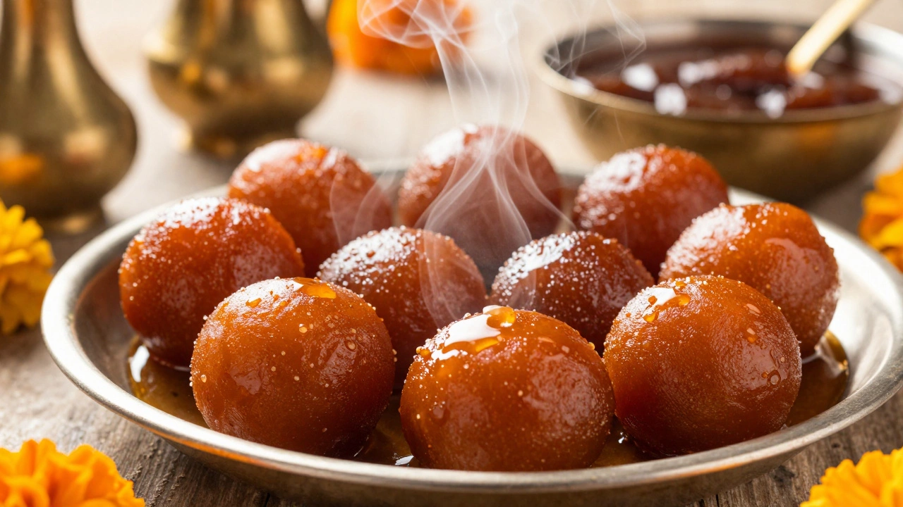 Traditional Indian sweets like Gulab Jamun and Payasam on a festive table