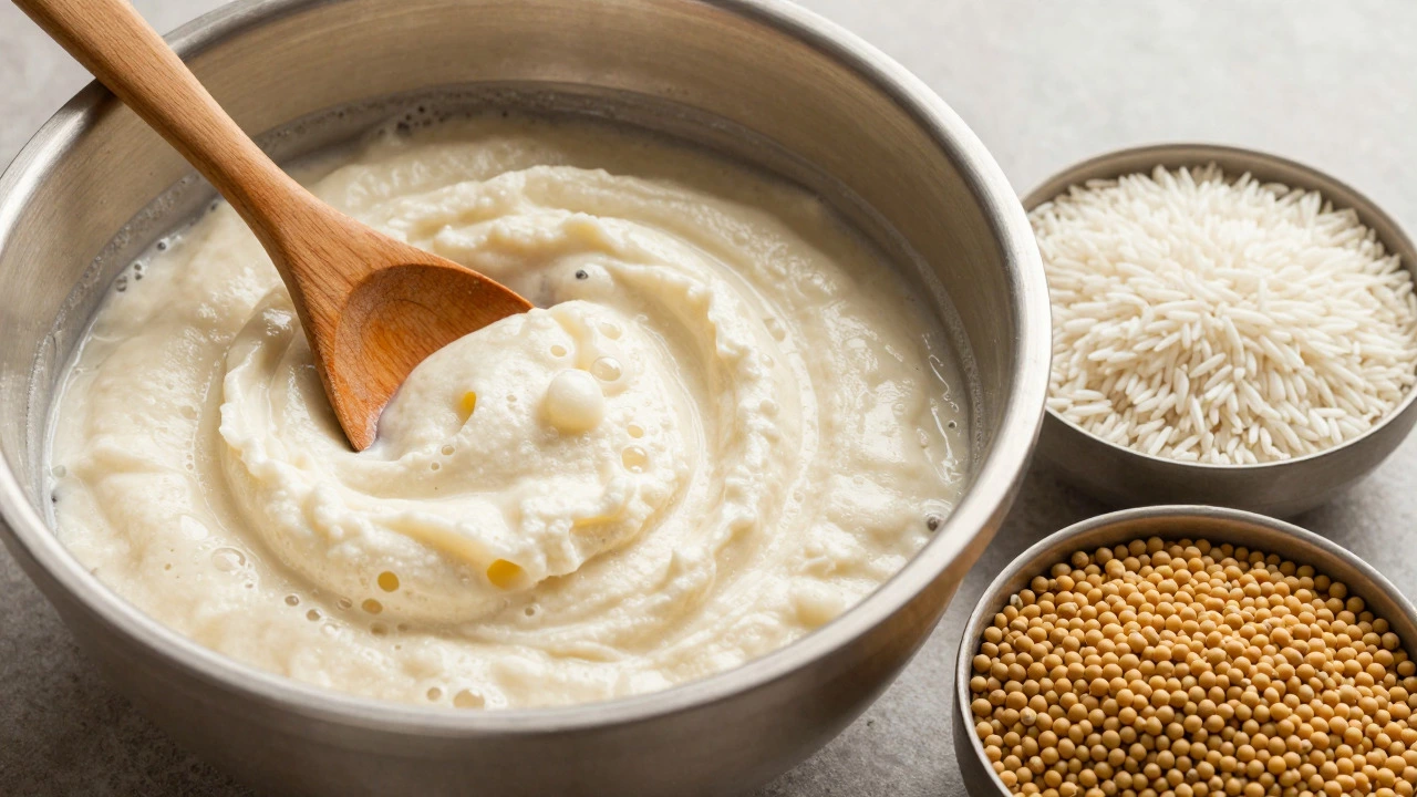 Bowl of risen, bubbly dosa batter next to raw rice and dal ingredients