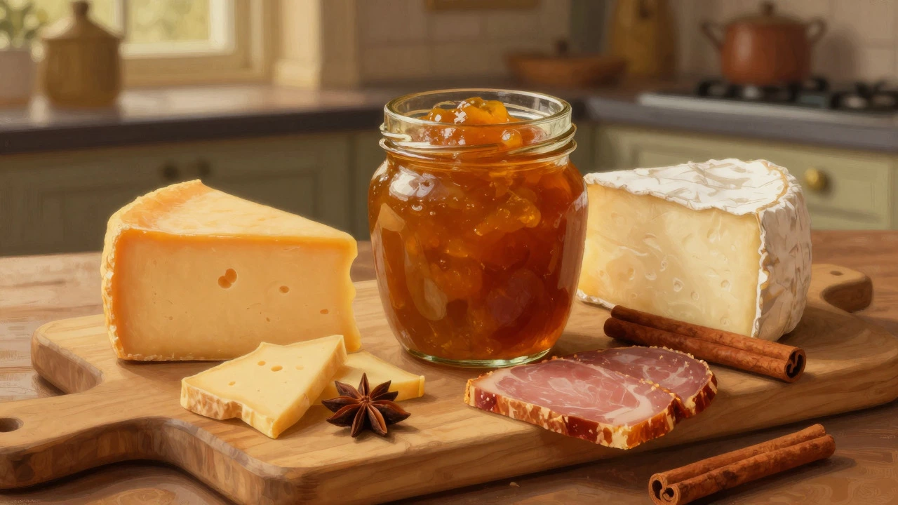 Cheese board with pork pie and a jar of preserved mango chutney