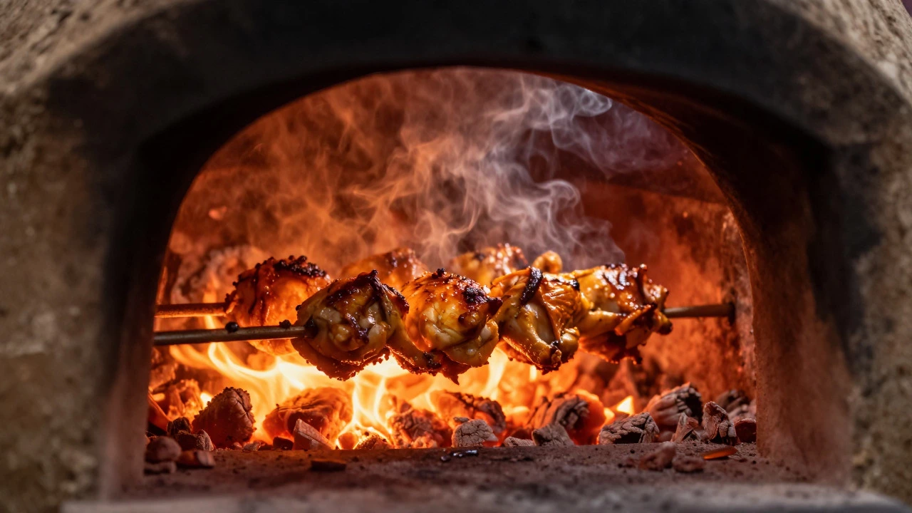 Chicken cooking inside a glowing, hot clay tandoor oven