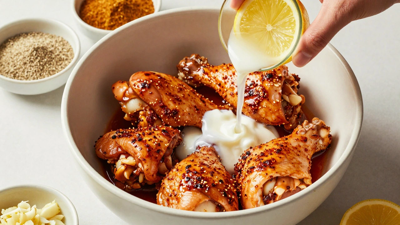 Chicken marinade in a bowl with lemon juice being added for tenderizing.