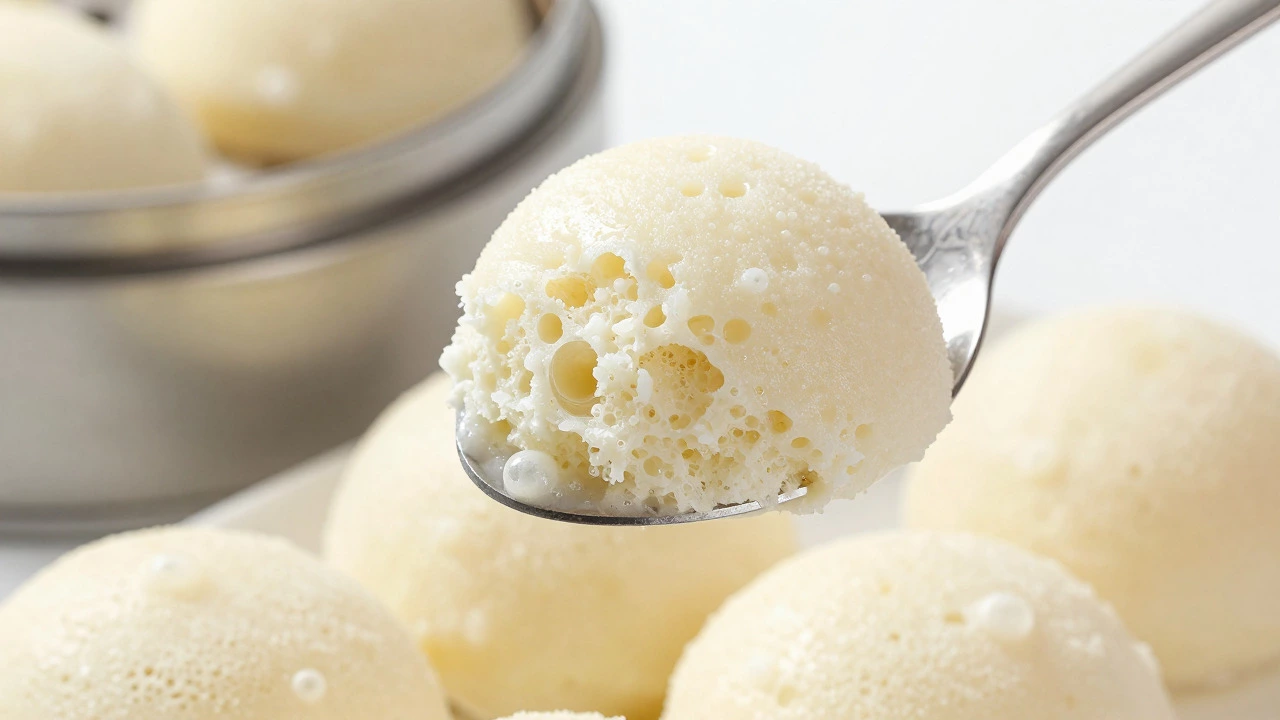 Close-up of airy, fermented idli batter on a spoon