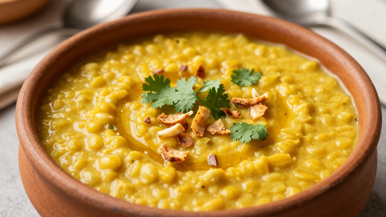 Creamy yellow dal garnished with garlic and cilantro