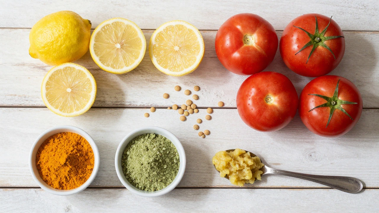 Fresh lemons, tomatoes, and spices arranged on wood