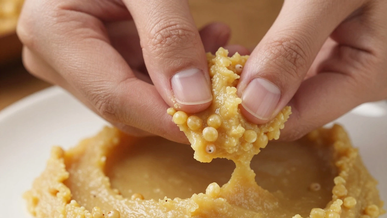 Hands squeezing soaked urad dal grain to show smooth, mashed texture