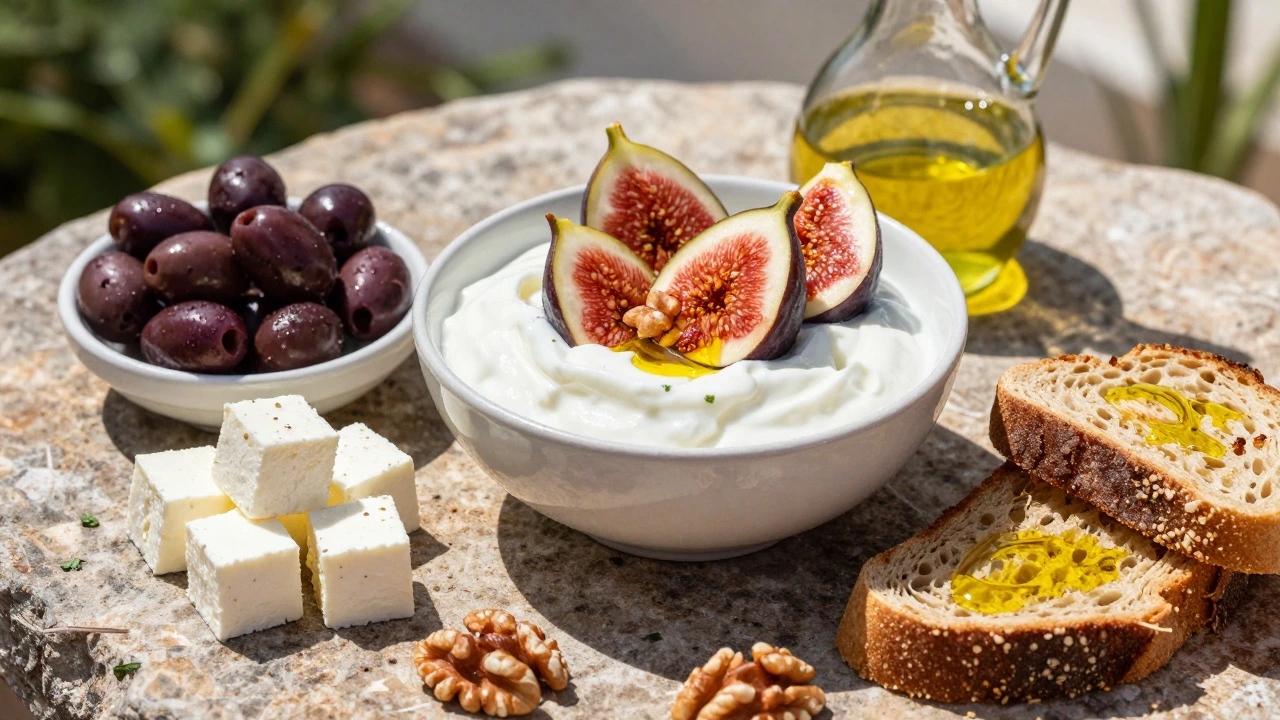 Mediterranean breakfast featuring yogurt, nuts, olives, feta, and olive oil on a stone surface.