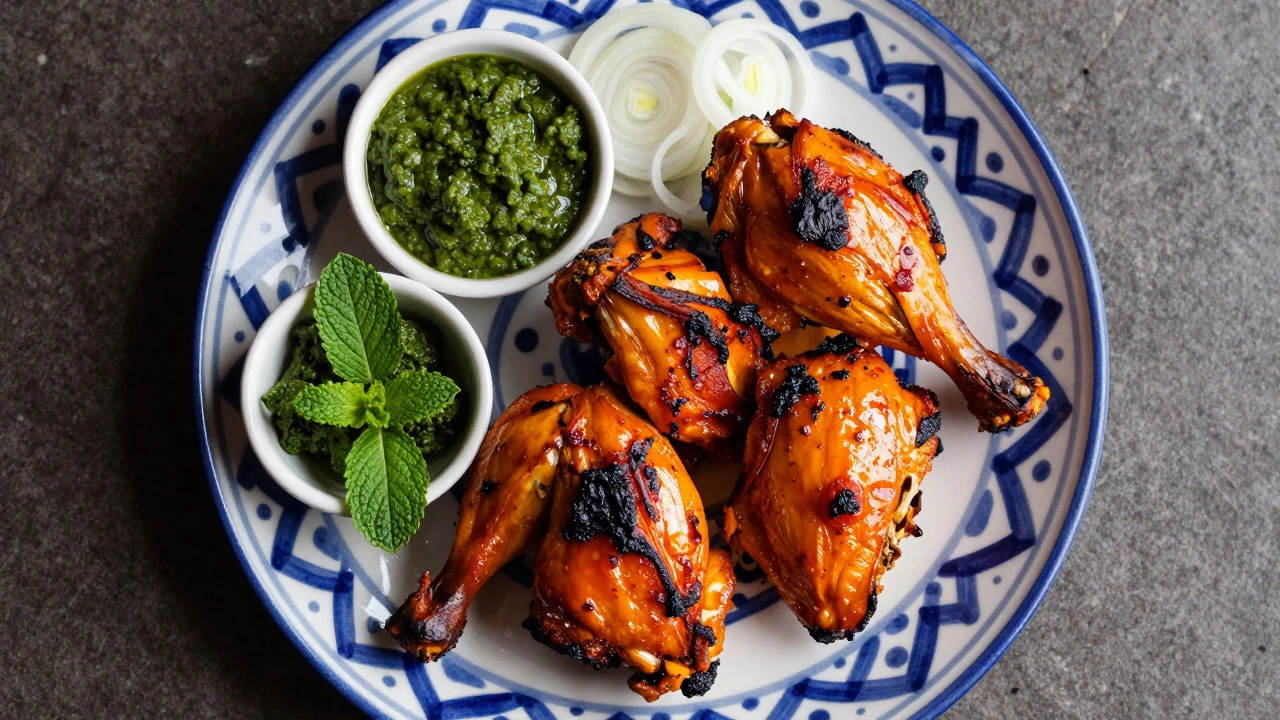 Plate of finished tandoori chicken garnished with mint chutney