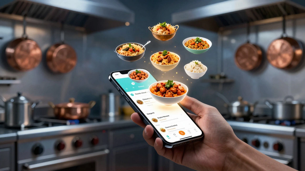 Smartphone projecting holographic images of Indian dishes in a modern cloud kitchen