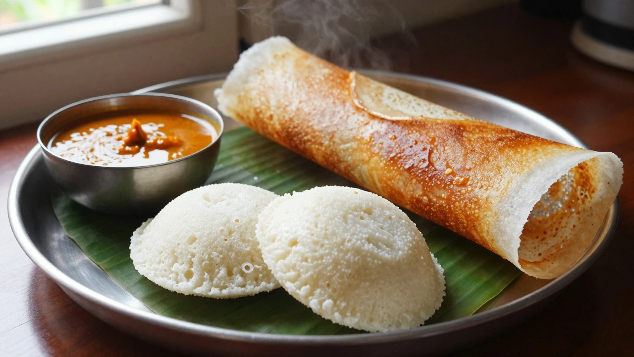 South Indian breakfast with idli, dosa, sambar, and coconut chutney on a metal plate.