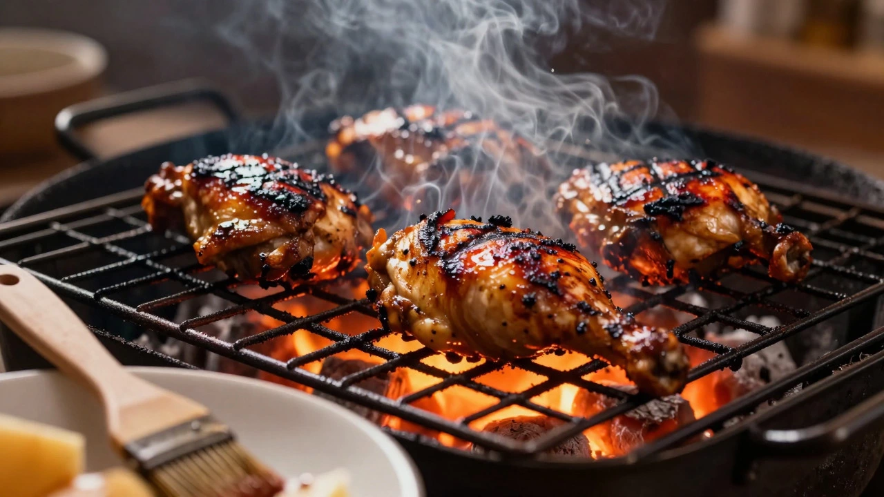 Spiced chicken pieces grilling over charcoal with smoke rising.