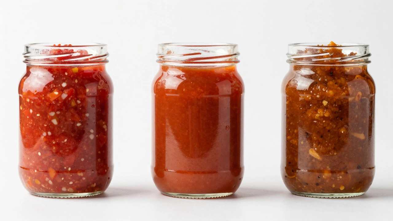 Three jars showing salsa, relish, and chutney side by side
