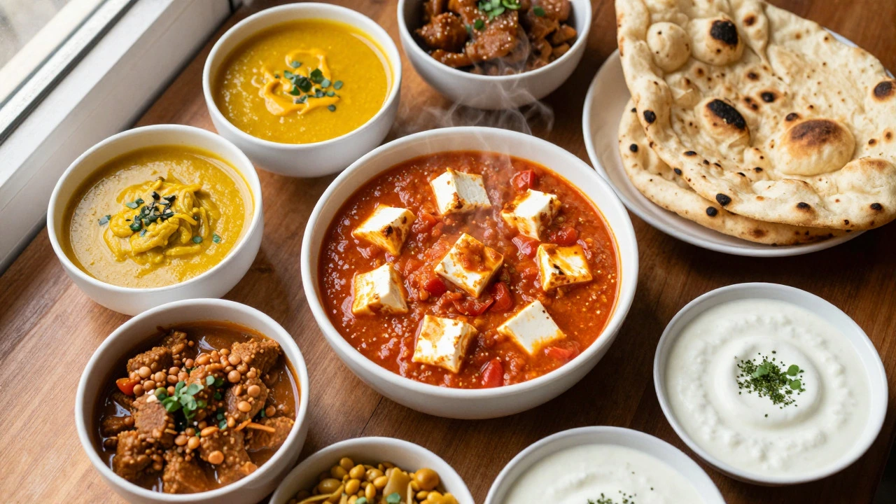 Top-down view of a traditional Indian thali featuring Paneer Butter Masala and Dal