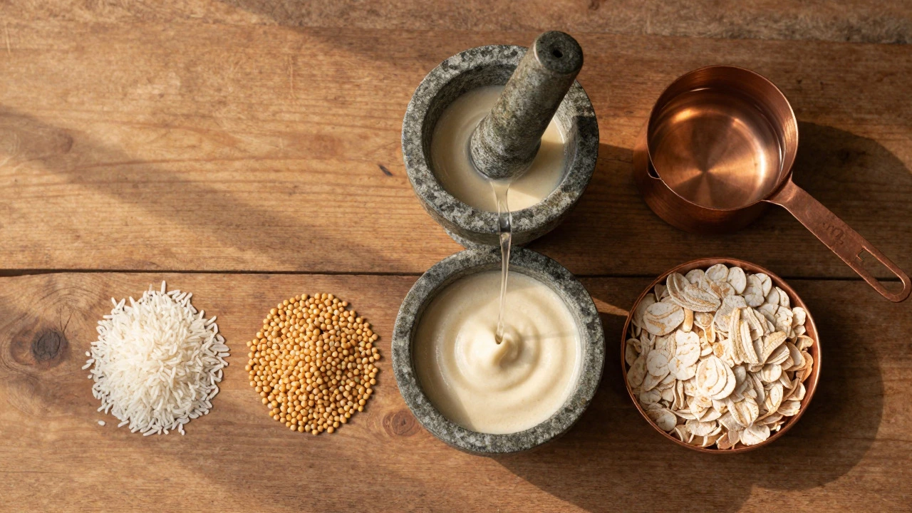 Top-down view of idli ingredients like rice, dal, and poha on wood