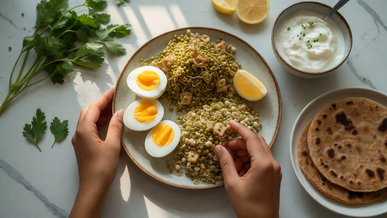 Balanced Indian breakfast with eggs, sprouts, and parathas