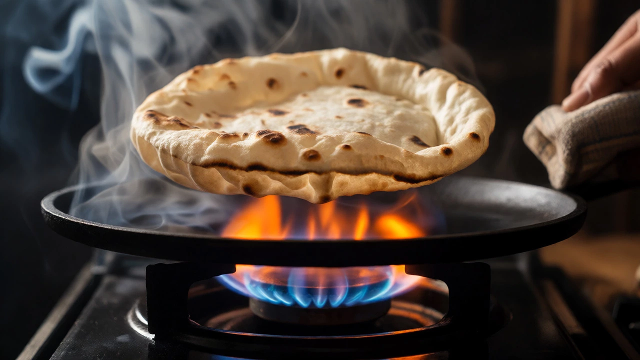 Chapati puffing up over an open flame on a hot tawa with rising steam