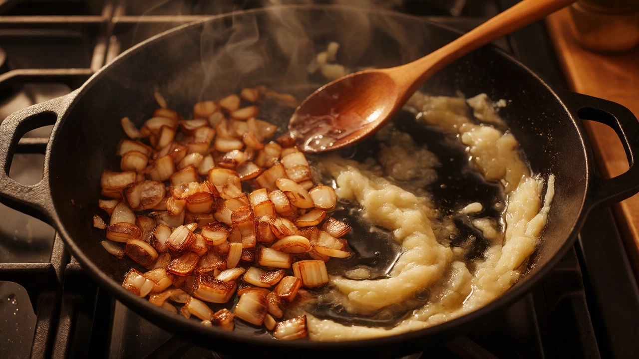 Chopped onions caramelizing next to smooth onion paste in a cast-iron pan.