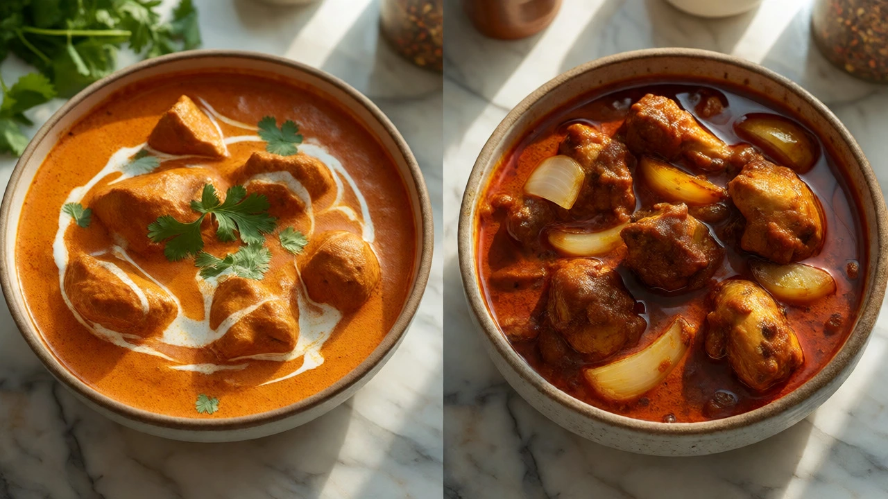 Comparison of creamy smooth curry and rustic chunky onion curry in two bowls.
