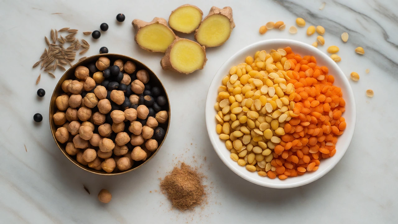 Comparison of whole heavy pulses versus light split moong and masoor dals