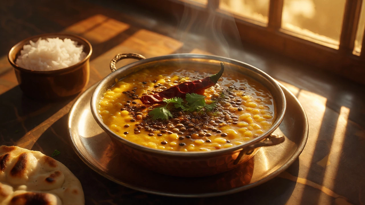 Finished Indian Dal Tadka with tempered spices and fresh herbs in a copper bowl.