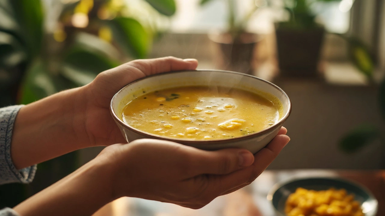Hands holding a soothing bowl of creamy yellow Moong Dal soup