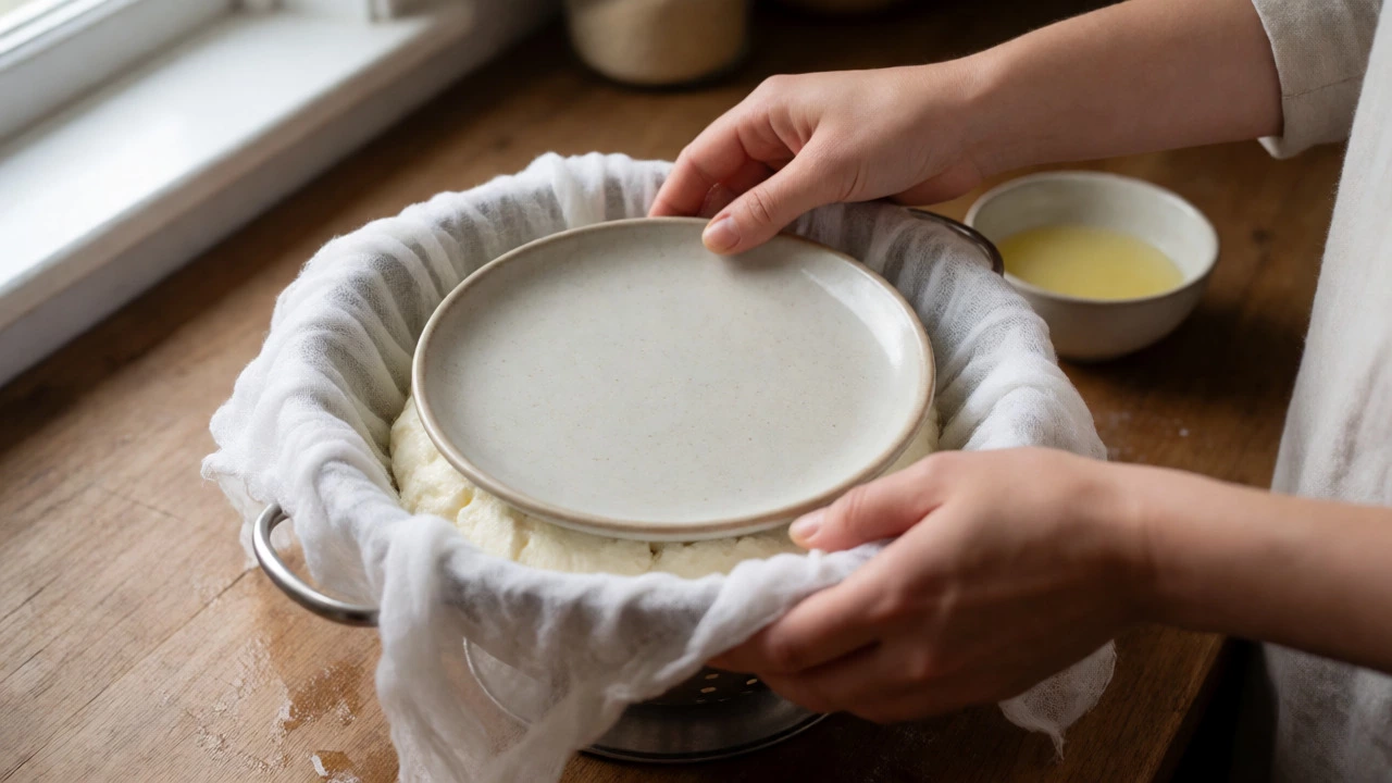 Hands lightly pressing paneer curds in cheesecloth to retain moisture.