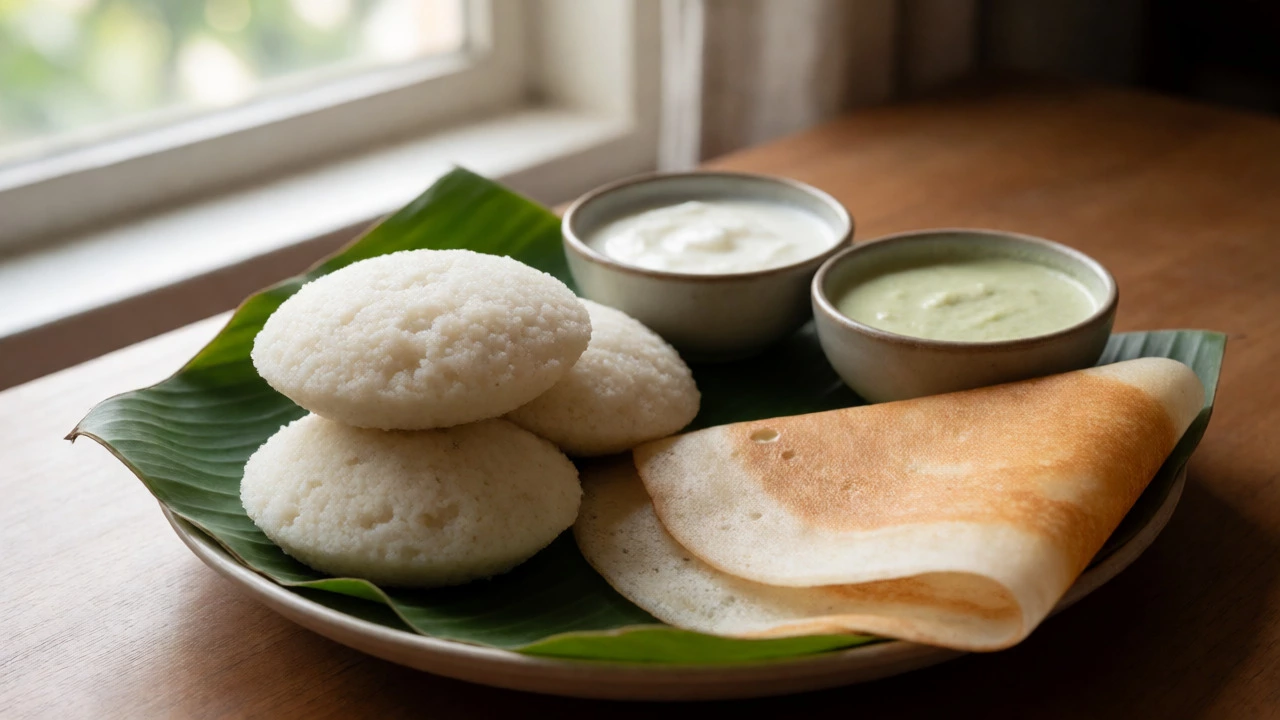 Plate of steamed Idlis and plain Dosa with yogurt and coconut chutney